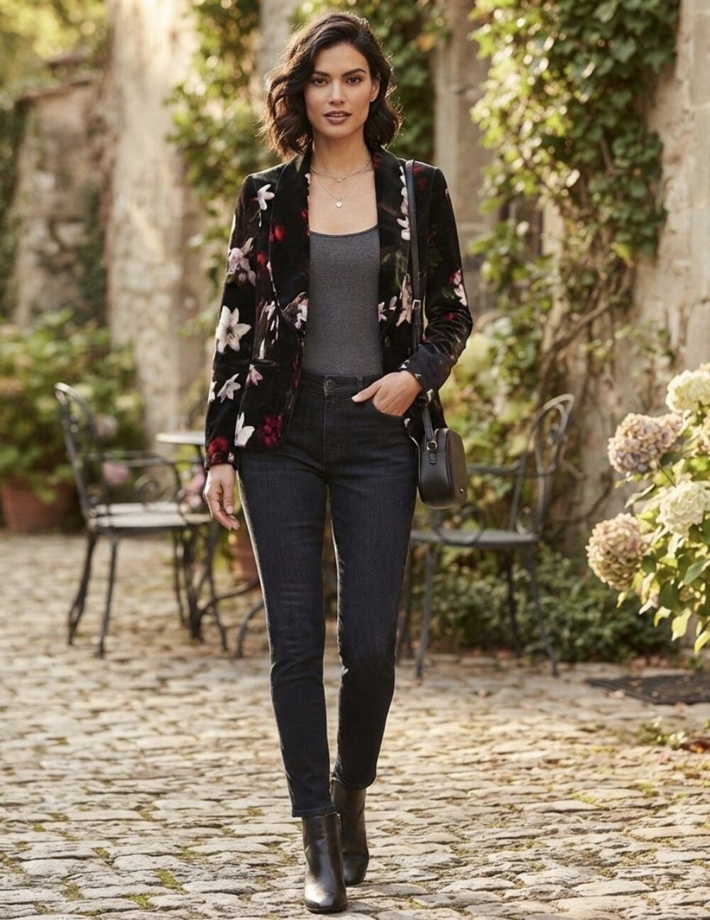 Calvin Klein Black Floral Velvet Blazer Shawl Collar Sz 8 Holiday Fall Jacket